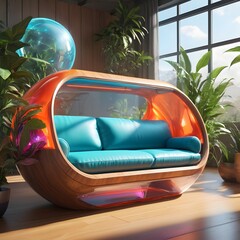 futuristic sci-fi pod chair, Flat Design, Product-View, editorial photography, transparent orb, product photography, natural lighting, plants, natural daytime lighting, zbrush.