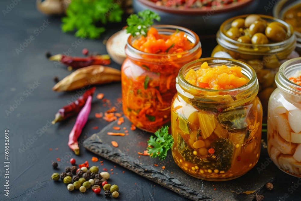 Poster table topped with jars filled with different types of food, a beautiful composition of different ind
