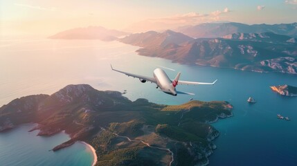 Aircraft is flying over islands and sea at sunrise in summer - obrazy, fototapety, plakaty