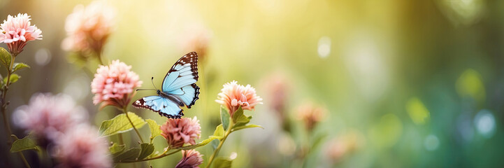 Saturated bright vibrant color butterflies on spring and summer wild flowers in a field with a space for text. Spring time, summer time. 