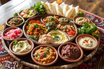 Platter Filled With a Variety of Foods, A beautifully arranged Arabian mezze platter with various dips and sides, AI Generated
