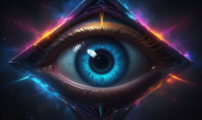A human eye in bright colors surrounded by a dark astral background emitting bright neon colors