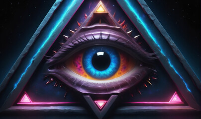 A human eye in a triangle surrounded by a dark astral background emitting bright neon colors - obrazy, fototapety, plakaty