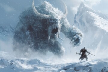 A man courageously stands before a massive monster, brandishing a sword, ready for an epic battle, A brave Viking hunting a terrifying Ice Giant in harsh winter conditions, AI Generated