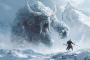 Fotobehang A man courageously stands before a massive monster, brandishing a sword, ready for an epic battle, A brave Viking hunting a terrifying Ice Giant in harsh winter conditions, AI Generated © Iftikhar alam