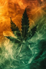 Background with single marijuana leaf and smoke clouds in Rasta colors. Colorful clouds: Rasta...