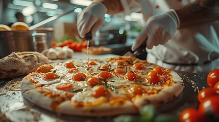 Smiling Chef Presenting Delicious Italian Pizza