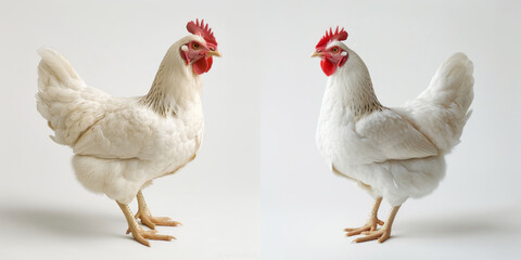 Portrait of a solitary white hen standing against a pure white background, showcasing its plumage.