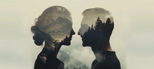 Surreal double exposure of woman and man heads merged with peaceful forest backdrop