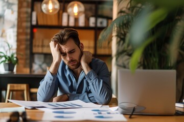 Fototapeta premium A man is seen sitting at a table with papers scattered around and a laptop open in front of him, A businessman feeling worried about his chances of loan approval, AI Generated