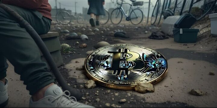 Bitcoin finance money gold future a bitcoin sitting on top of a computer chip, in the style of Photo real, hyper-realistic, high dynamic range, rich colors bitcoin sitting on the ground in a dirty are