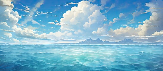 A picturesque natural landscape featuring a vast body of aqua fluid, with fluffy cumulus clouds...
