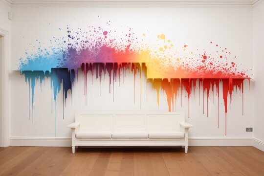 Bright colorful paint splatters on clean white wall background for vibrant graphic design projects