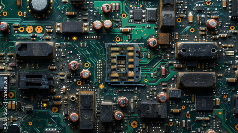 Poster detailed view of an intricate electronic circuit board with components and central processing unit s