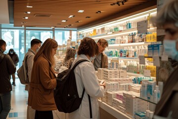 A gathering of individuals forming a crowd in front of a retail establishment, A busy pharmacy counter with multiple customers, AI Generated