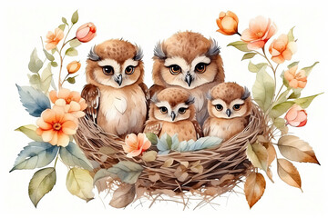 Cute watercolor owl family with chicks in a spring blooming nest of twigs and flowers on a white background. Spring card, spring time.
