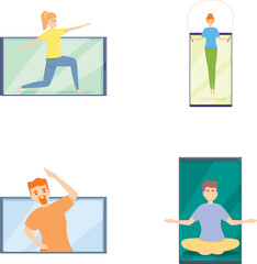 Online sport icons set cartoon vector. Professional instructor trainer online. Healthy lifestyle, physical activity
