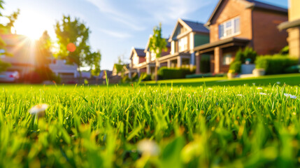 Vibrant green lawn with blurred background reveals a cozy suburban home nestled among lush trees under a clear blue sky.