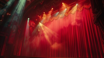 Spotlight Ready: Empty Stage with Red Velvet Curtain (Close-Up) - obrazy, fototapety, plakaty