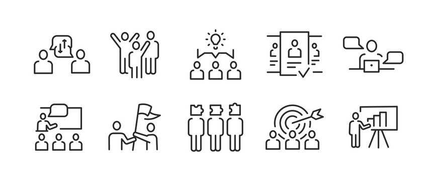 10 black outline icons show a group of people working together and interacting. The set of images suggests collaboration and cooperation between team members. On white background. Vector illustration 