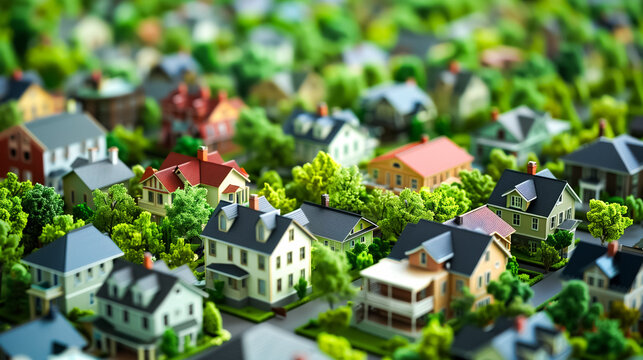 Colorful suburban houses in a meticulously crafted miniature neighborhood with tilt shift effect. Lush green trees and gardens enhance the idyllic vibe.