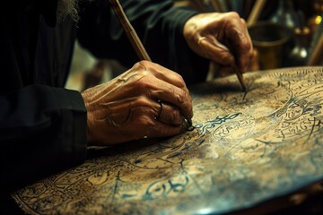 A detailed view of a persons hand as they write with a pen on a piece of metal, A calligrapher crafting intricate Arabic script, AI Generated