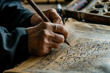 A person is seen in the photo, writing on a piece of paper with a pen, A calligrapher crafting intricate Arabic script, AI Generated - obrazy, fototapety, plakaty