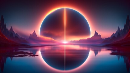 Futuristic landscape with a symmetrical eclipse over water, suitable for sci-fi and cosmic backgrounds.