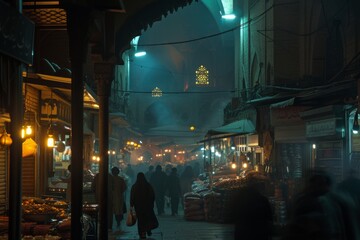 A diverse group of individuals casually walk in a group down a city street illuminated by streetlights at night, A captivating night scene of a bustling Islamic city, AI Generated - obrazy, fototapety, plakaty