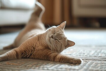 A domestic cat is lying on its back on the floor, displaying a relaxed pose, A cat stretching in a pose resembling a yoga position, AI Generated
