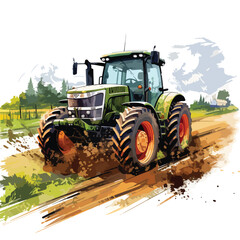 Tractor plowing a field on a farm. Clipart isolated o