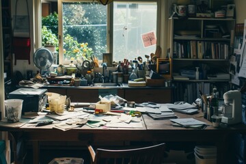 A photo capturing a table covered in various objects and papers amidst a disorganized and cluttered room, A chaotic kitchen table full of work materials, AI Generated