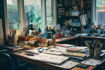 A cluttered desk featuring a range of essential office supplies such as pens, papers, notepads, a computer, and a calculator, A chaotic kitchen table full of work materials, AI Generated