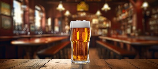 A pint glass filled with beer is placed on a wooden table in a pub, ready to be enjoyed as an alcoholic beverage - obrazy, fototapety, plakaty