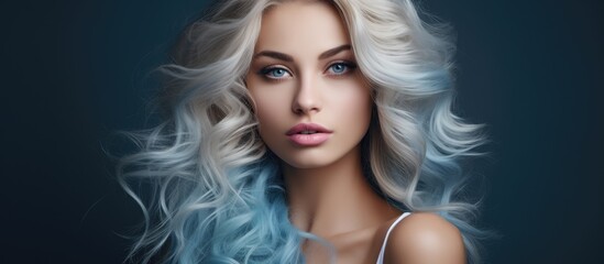 An electric blue and blond fashion model with long layered hair, bold eyebrows, and flirty eyelashes. She is wearing a white tank top at a nighttime event - obrazy, fototapety, plakaty