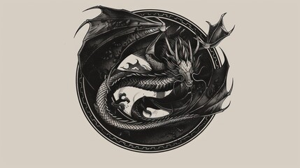 Fantasy black dragon depicted in a circular label
