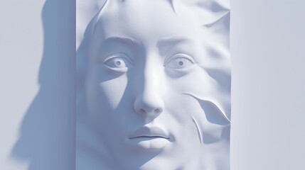 A shadow of a human face projected onto a white background, abstract art concept.