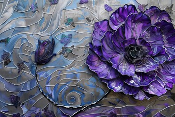 Fantastic violet stained glass flowers against a crystal background using alcohol ink technique, grey swirl texture patterns