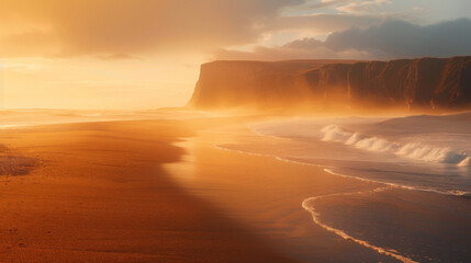 Stunning coastal cliffs basking in the golden light of sunset with waves washing over a pristine...