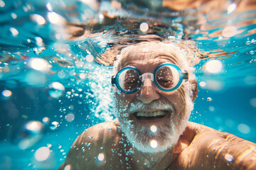 Naklejka premium An older man wearing goggles is swimming underwater. He is smiling and he is enjoying himself. close up shot of excited, happy old man underwater after jumping in pool, swimming goggles on and bubbles