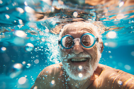 An older man wearing goggles is swimming underwater. He is smiling and he is enjoying himself. close up shot of excited, happy old man underwater after jumping in pool, swimming goggles on and bubbles