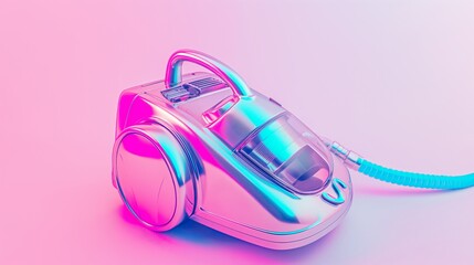 Modern vacuum cleaner with chrome finish in a vibrant neon setting, concept of efficient cleaning.