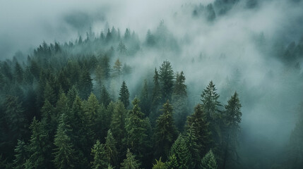 Drone Photography, Lush Green Pine Forest Shrouded in Mist - obrazy, fototapety, plakaty