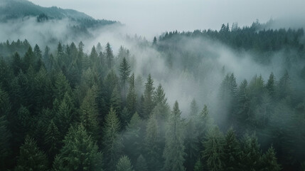 Aerial Drone Shot, Green Pine Forest Covered in Fog