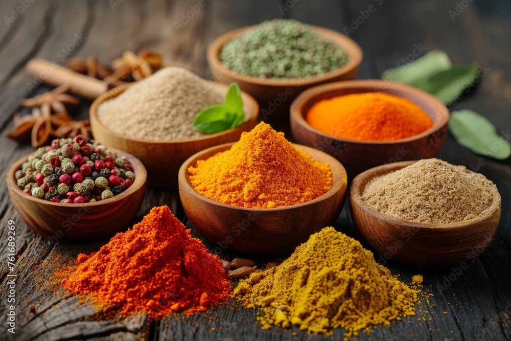 Aufkleber a collection of different types of spices arranged in wooden bowls on a table, a colorful display of