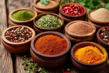A collection of wooden bowls displaying an assortment of different types of aromatic spices, A colorful display of various Indian spices on a wooden table, AI Generated