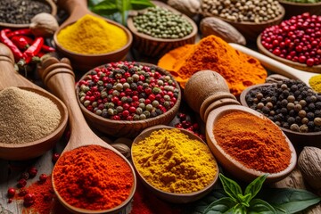 A table showcasing a collection of various spices, carefully arranged in wooden spoons, A colorful display of various Indian spices on a wooden table, AI Generated