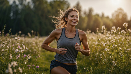 Donna sorride mentre fa sport, corre in mezzo alla natura in vestiti da corsa - obrazy, fototapety, plakaty