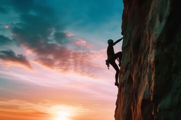 A Man Climbing Up the Side of a Cliff, A colorful sunset over a tall, challenging cliff-face with a lone climber silhouetted against the sky, AI Generated