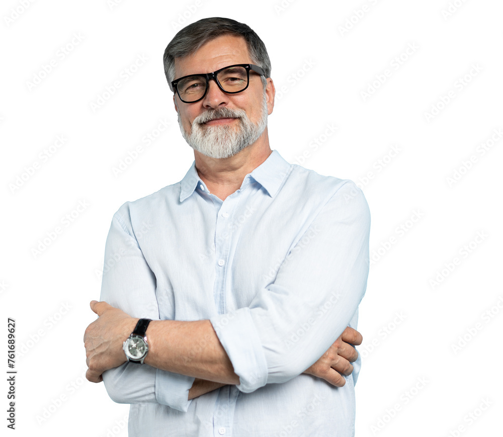 Sticker Bearded middle-aged man wearing glasses posing over transparent background